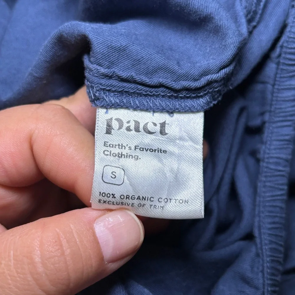 Pact Blue Organic Cotton Henley Blouse Elastic Hem Short Sleeve Top  sustainable